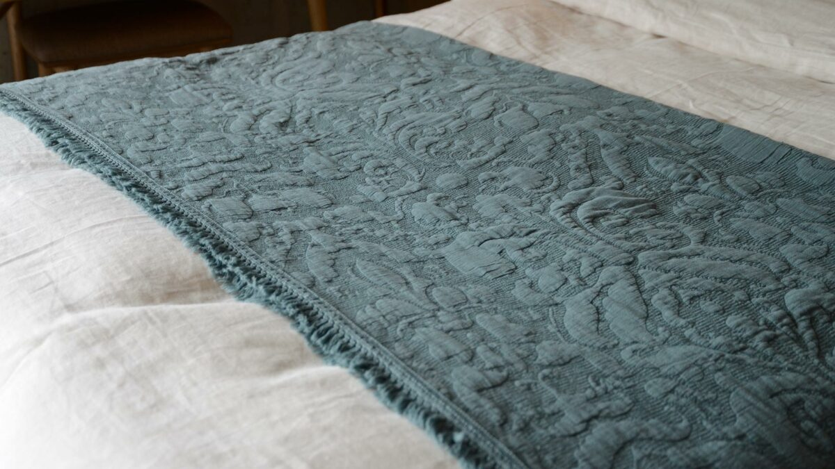 MM Linen Floral Cotton Throws Teal over Beige Linen
