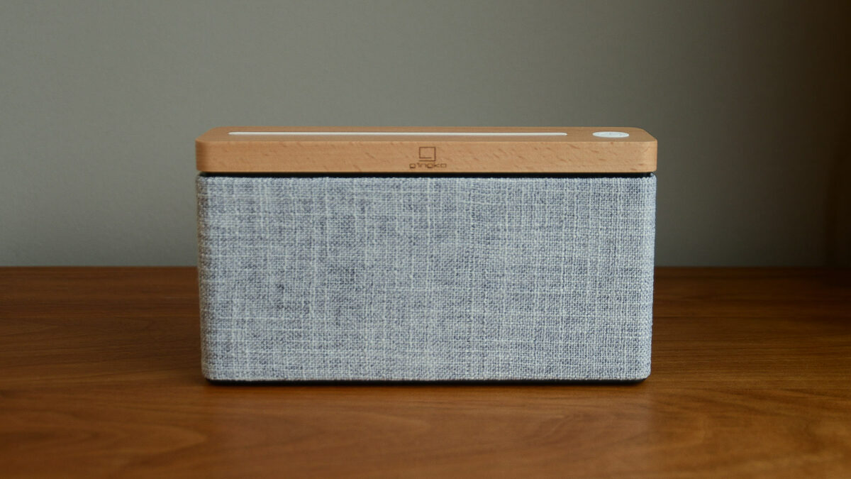 bluetooth speaker in maple and light grey