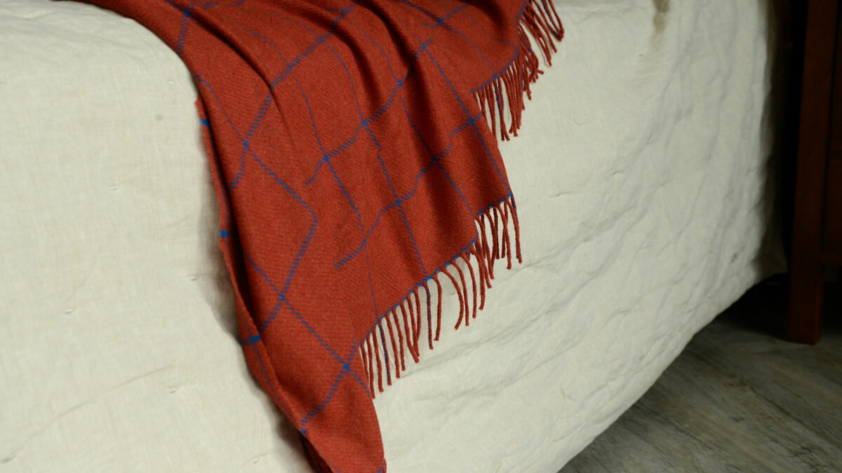McNutt Windowpane Throw Red Blue Tassel detail