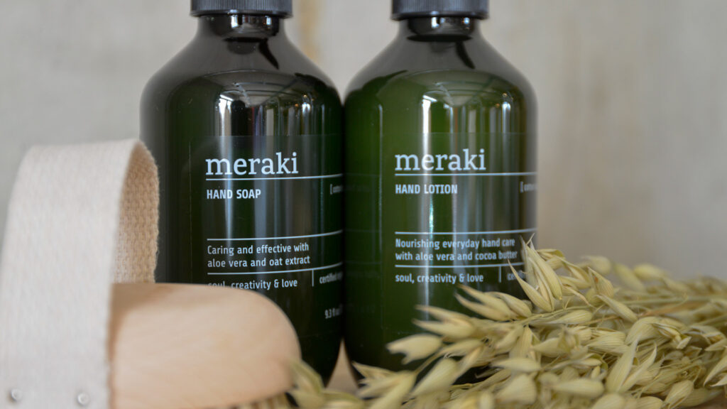 close up of meraki hand soap and lotion.
