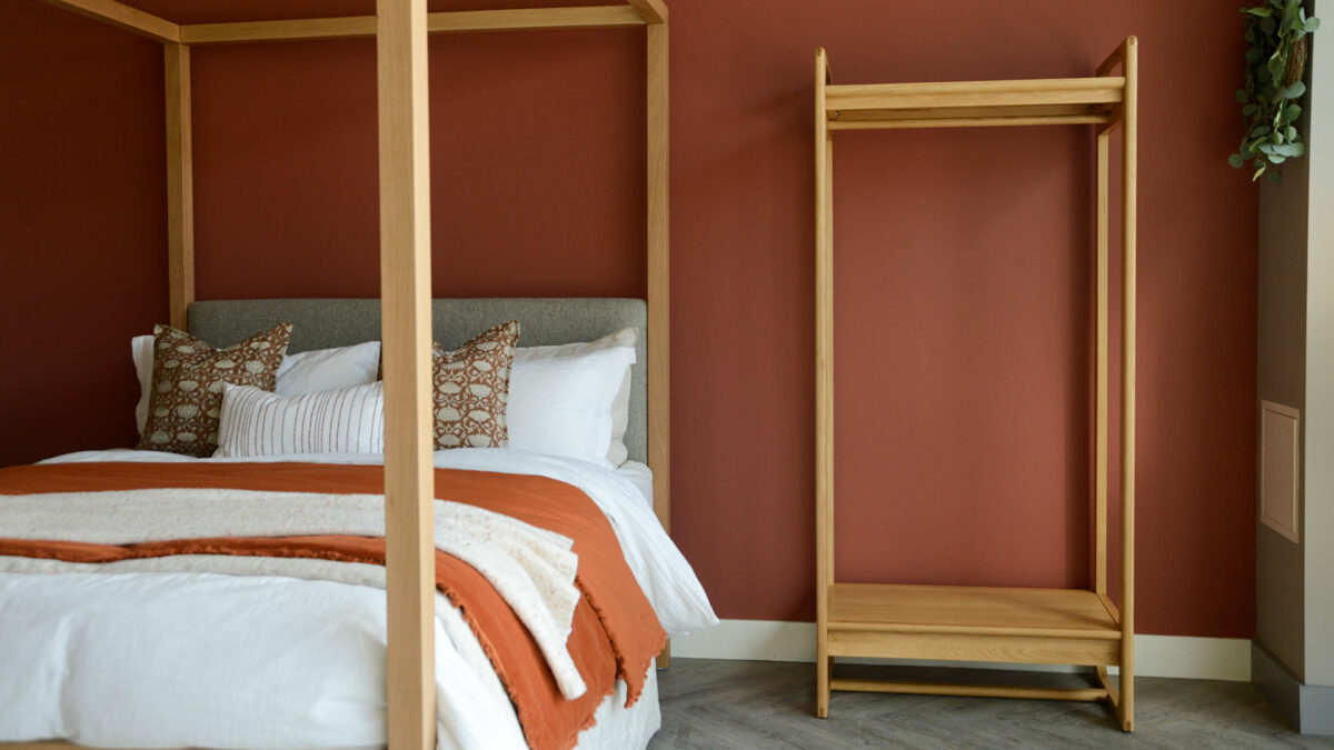Mid Century Oak Open Wardrobe next to Oak Highland
