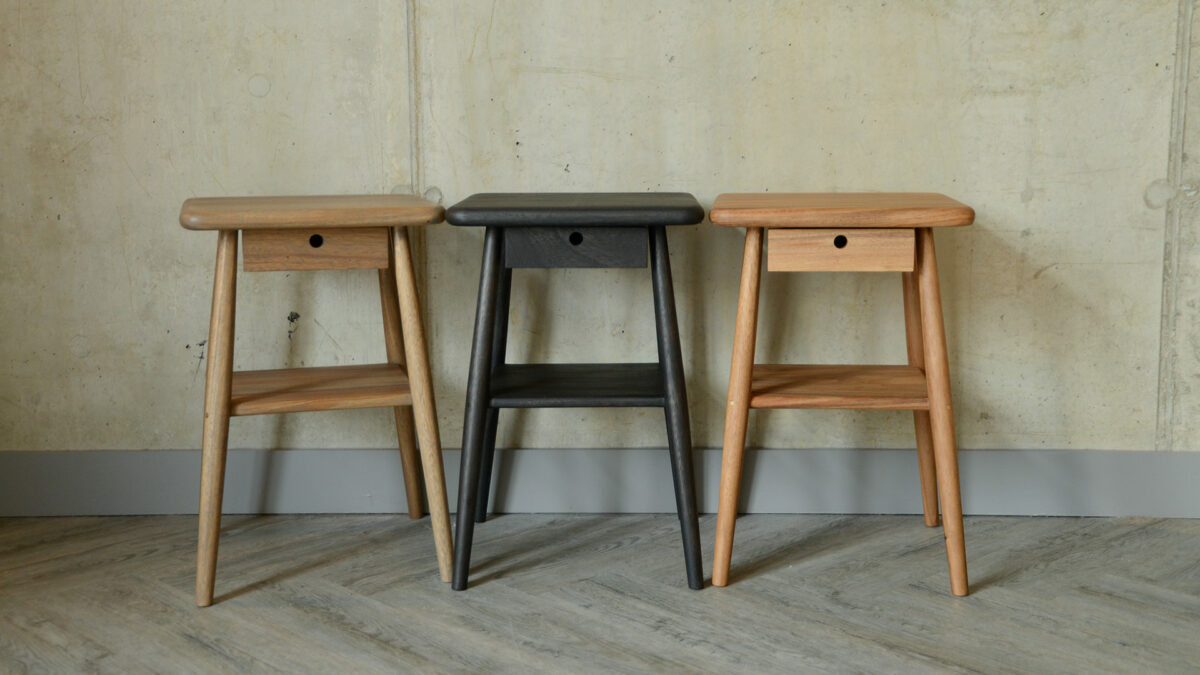 Mid-Century Bedside Tables - L to R; Grey Oil, Earth Stain, Natural