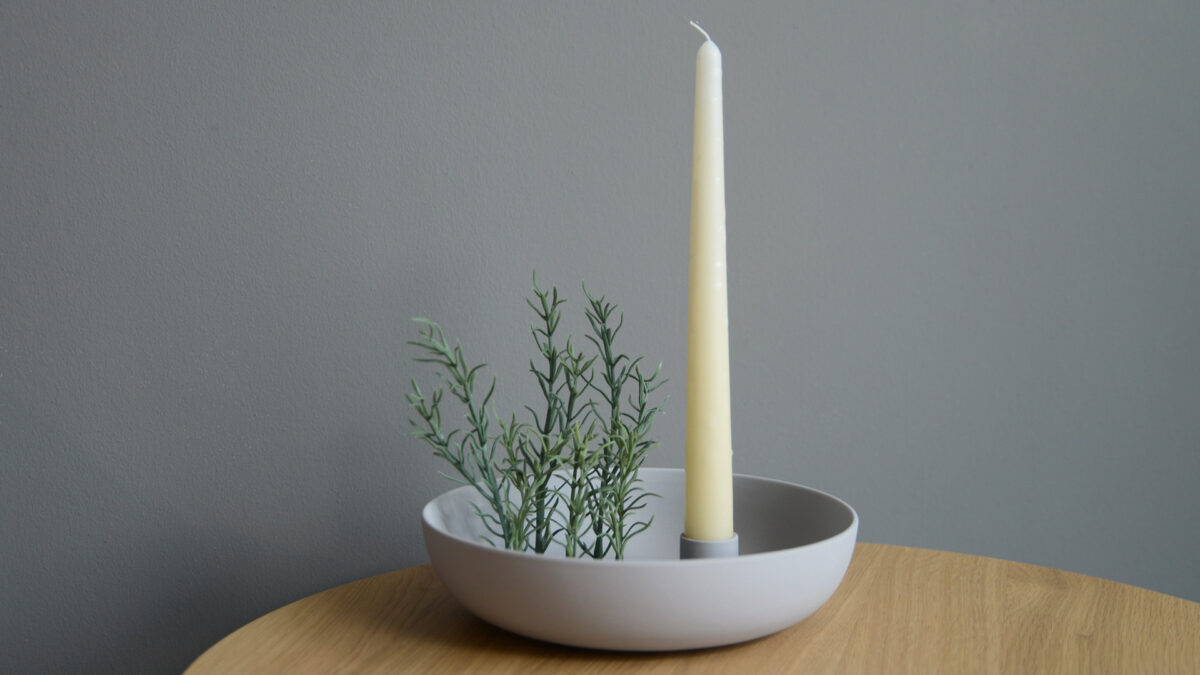 Mid Grey Cerman Candle Dish With Candle