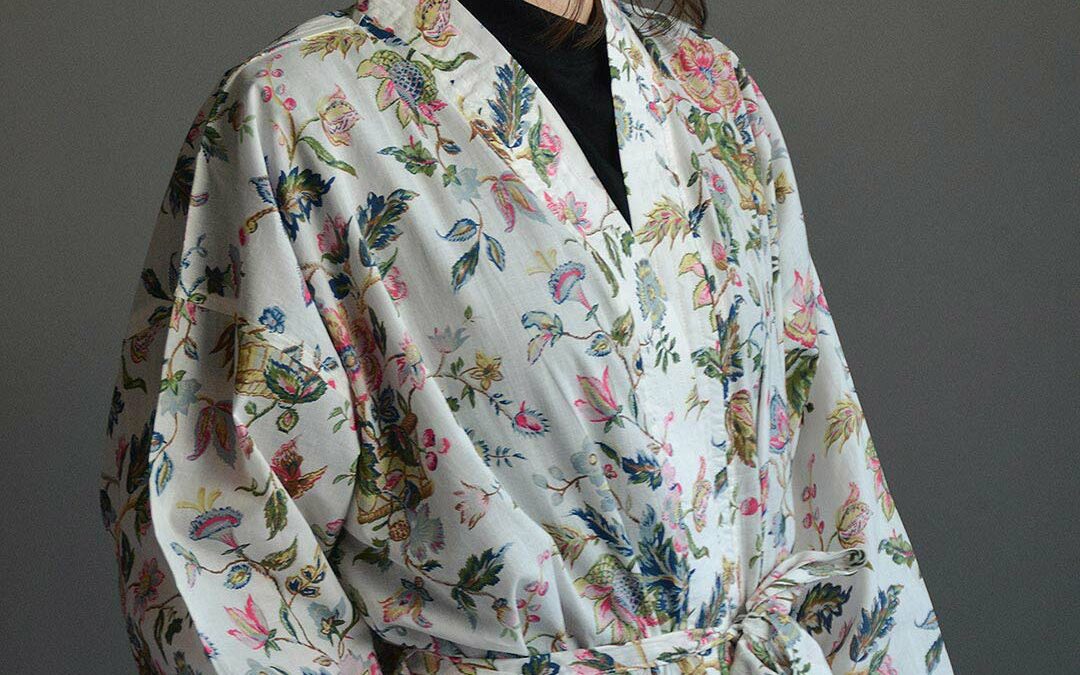 Model Wearing Floral Ivory Kimono