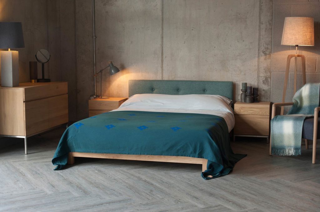 Ligna bedside cupboards shown with our low wooden Iona bed