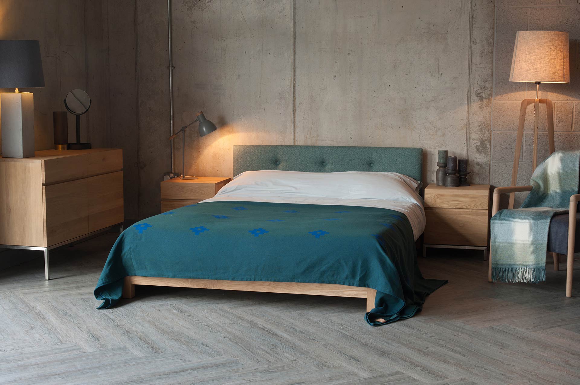 Ligna bedside cupboards shown with our low wooden Iona bed