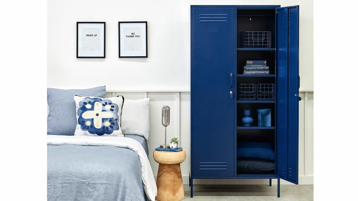 wardrobe storage locker in blue shown with one door open