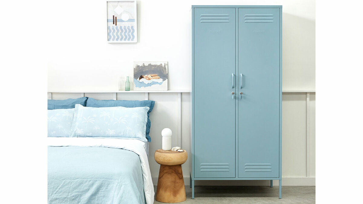 Wardrobe storage locker in pastel ocean blue colour