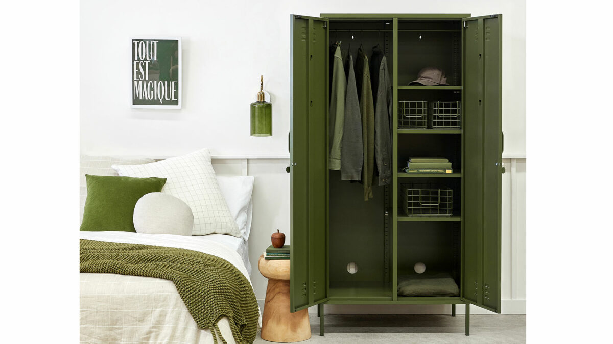 wardrobe storage locker in olive green shown with both doors open