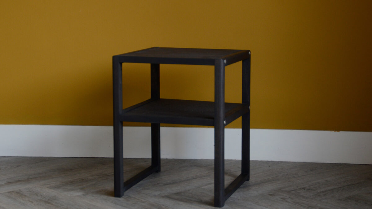 open shelf wooden bedside table with a dark earth stain