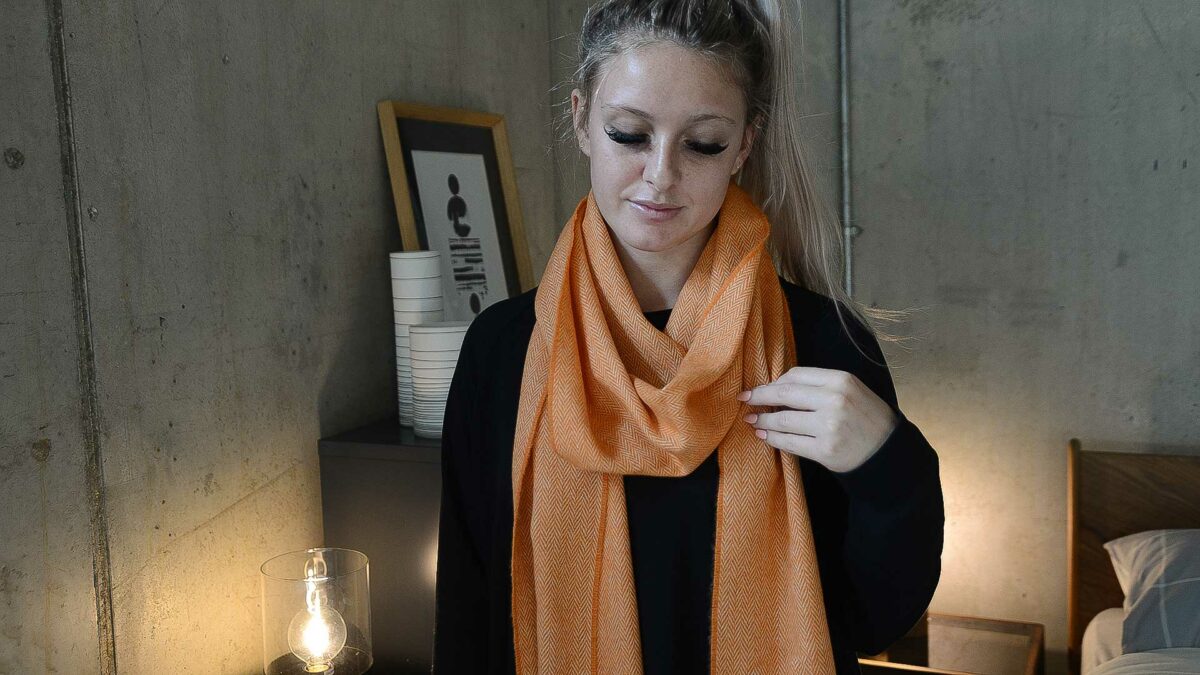 herringbone weave merino wool scarf in orange