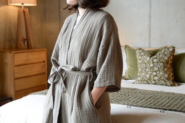 Organic Cotton Robes Khaki from side tied