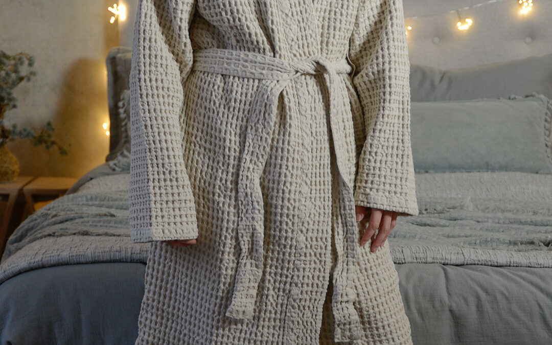 organic cotton waffle style unisex bath robe in a stone colour