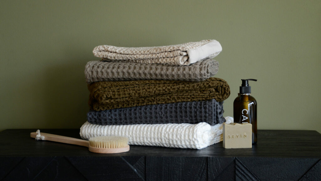 organic cotton waffle weave towels in a range of colours