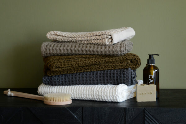 organic cotton waffle weave towels in a range of colours