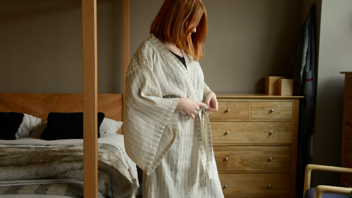 organic linen kimono dressing gown in beige with ivory stripes