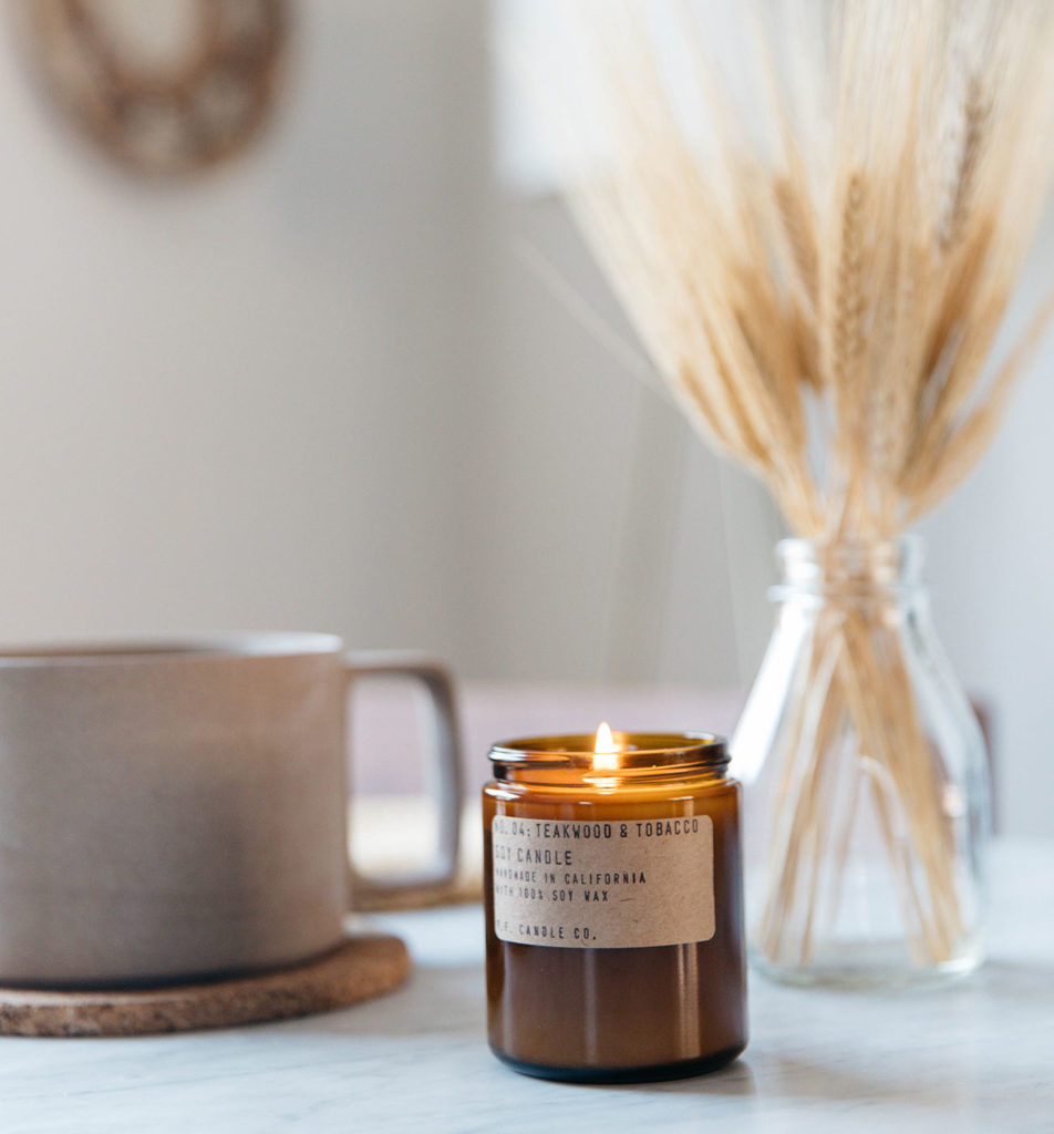 P.F. scented candles - teakwood and tobacco