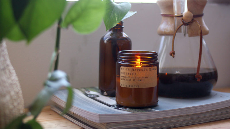 P.F. scented candles - teakwood and tobacco