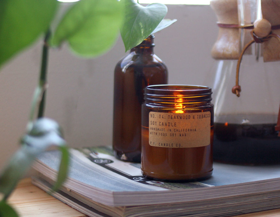 P.F. scented candles - teakwood and tobacco