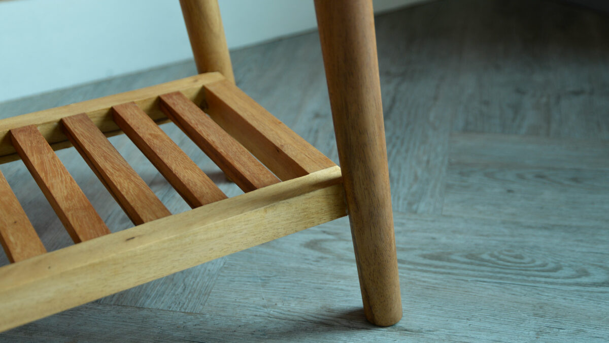 PR Home Mid Century Storage Bench leg and slats detail