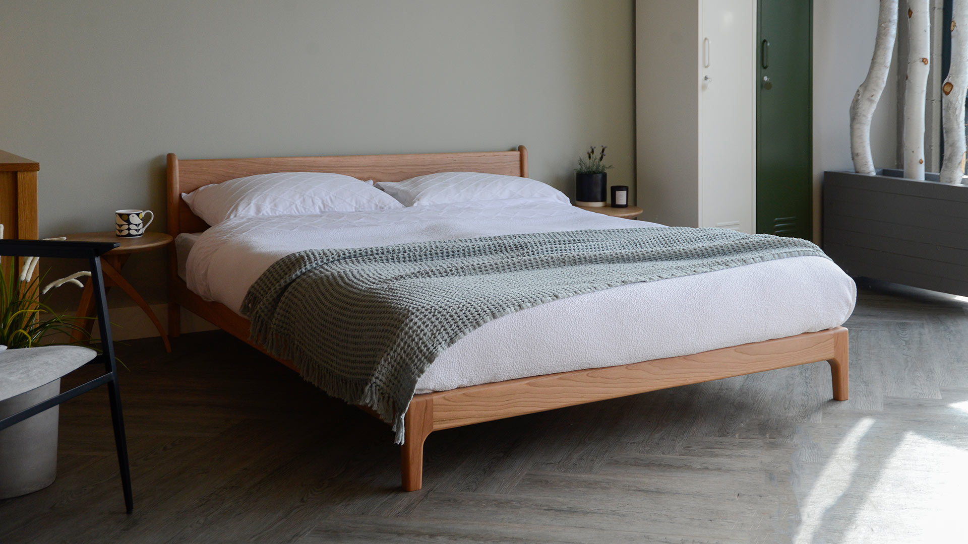 Summer fresh bedroom with our British made Low cherry wood bed - the Pimlico