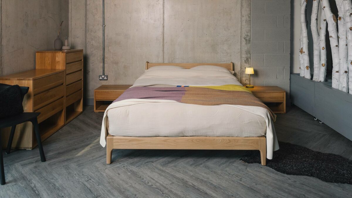 low oak midcentury style Pimlico bed in kingsize