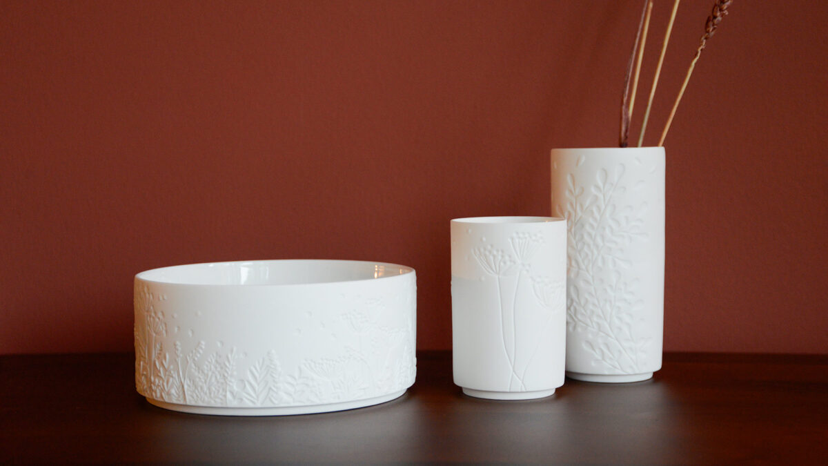 Matte Porcelain Mini Vases & Bowl - Floral Design