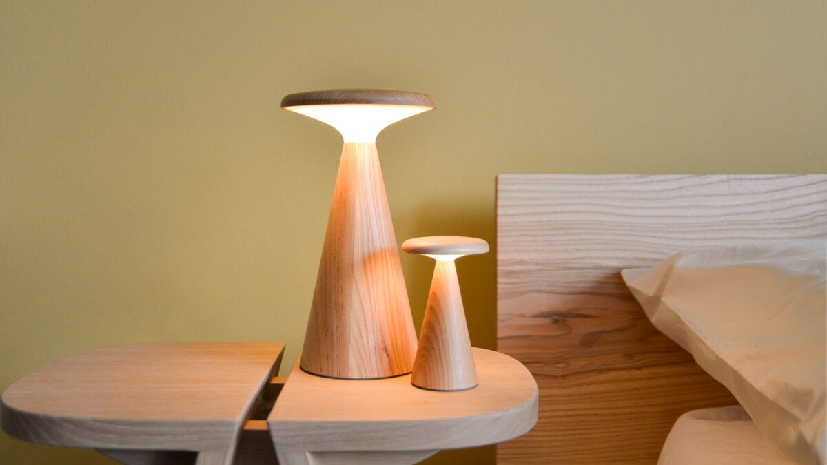 2 Oak table lamps, one large and one small, switched on.