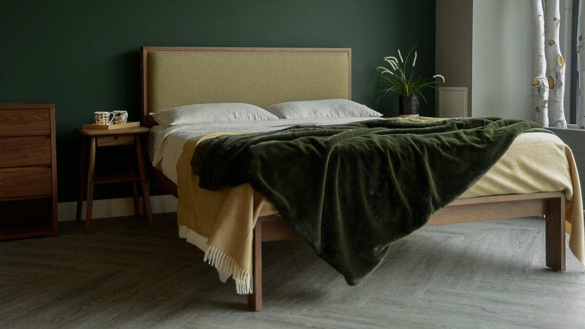 Shetland walnut bed frame with Hessian colour headboard