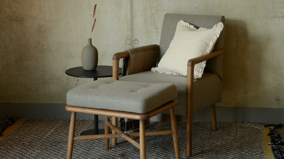 Shoreditch Armchair with Footstool with Waltons BW Rug