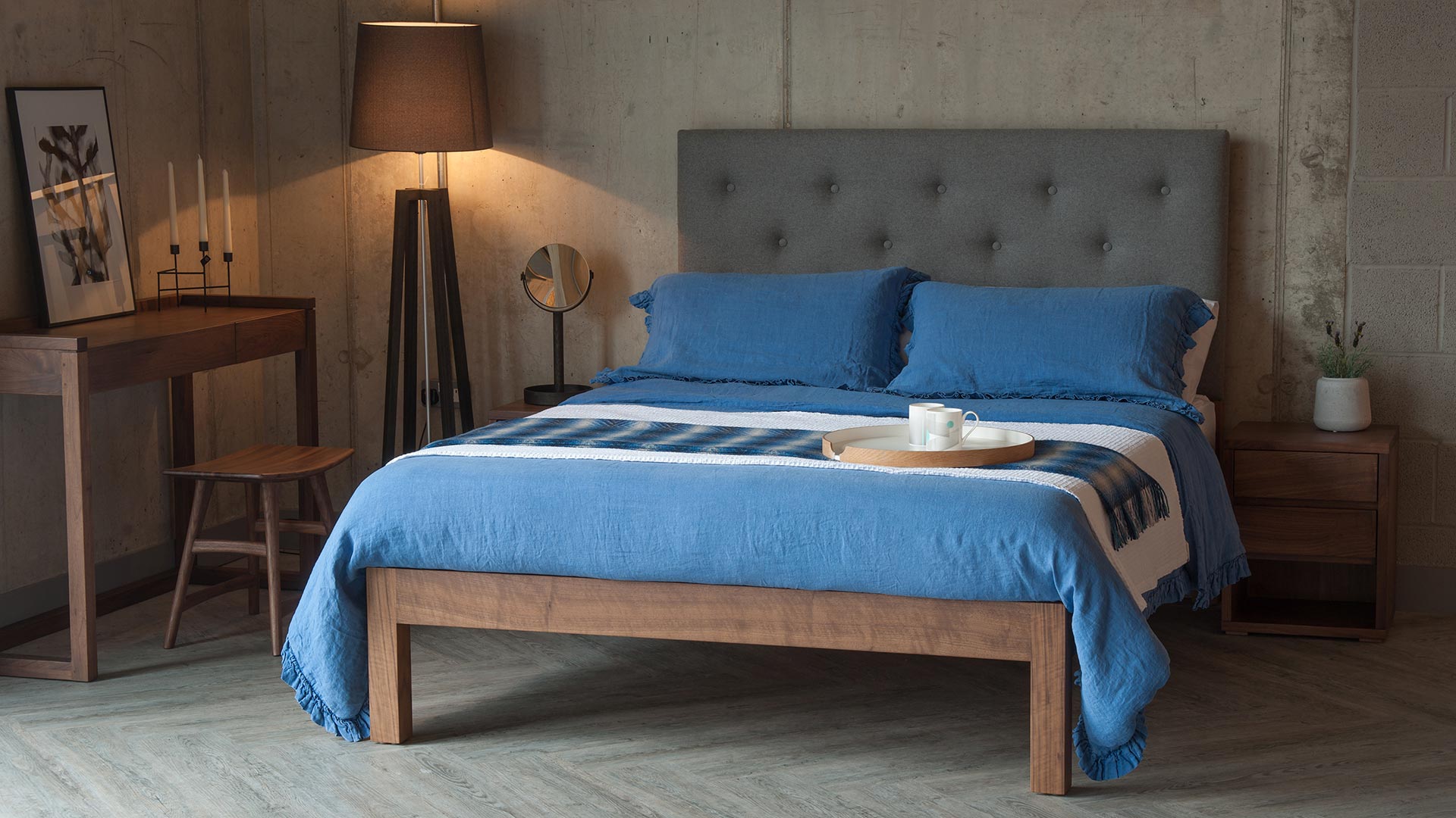 Classic taller wooden Skye bed with tall buttoned headboard & blue linen bedding