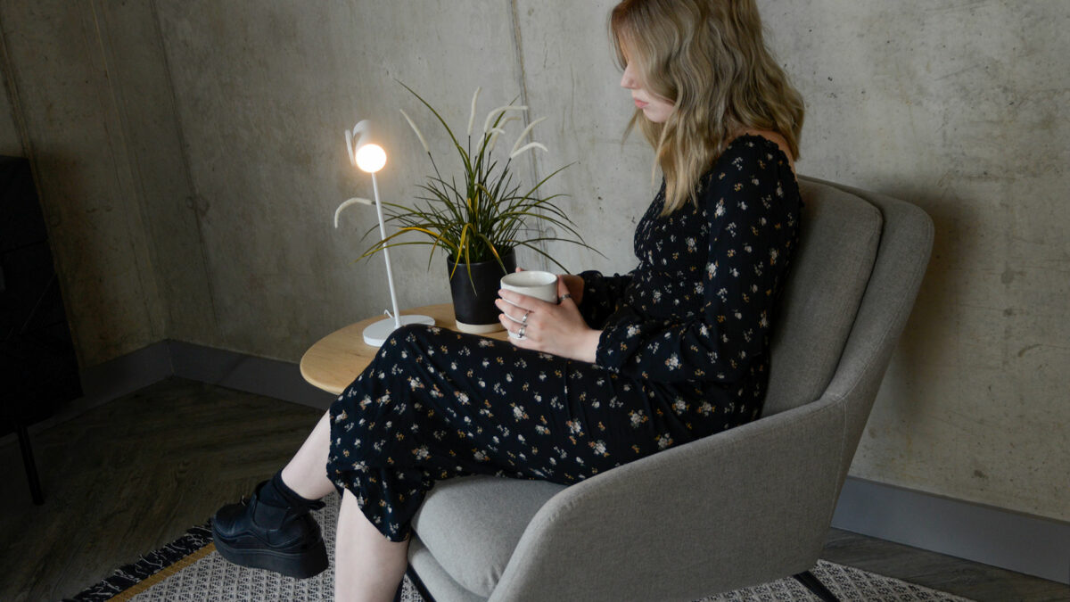 grey armchair with a black painted sled base