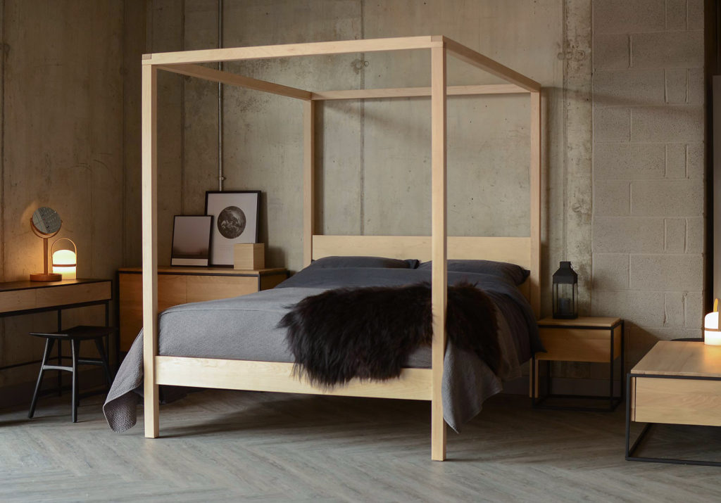 For a Scandinavian Bedroom look our solid wooden Orchid 4 poster bed is shown here in Maple