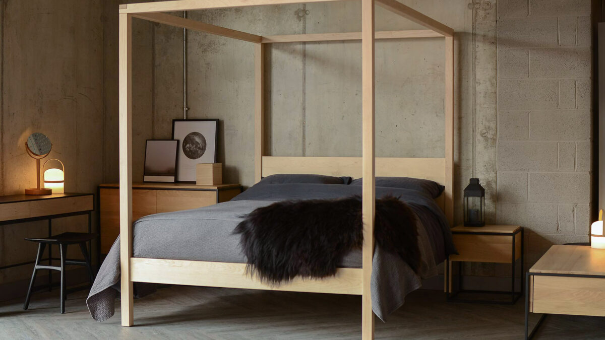 For a Scandinavian Bedroom look our solid wooden Orchid 4 poster bed is shown here in Maple