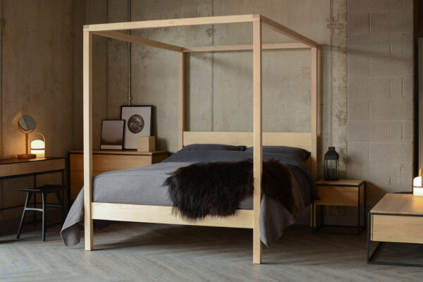 For a Scandinavian Bedroom look our solid wooden Orchid 4 poster bed is shown here in Maple