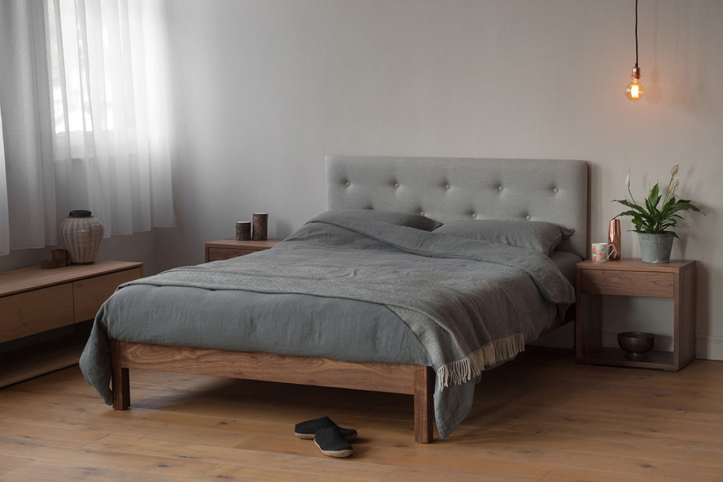 The Arran bed - wooden bed with upholstered headboard hand made in Britain