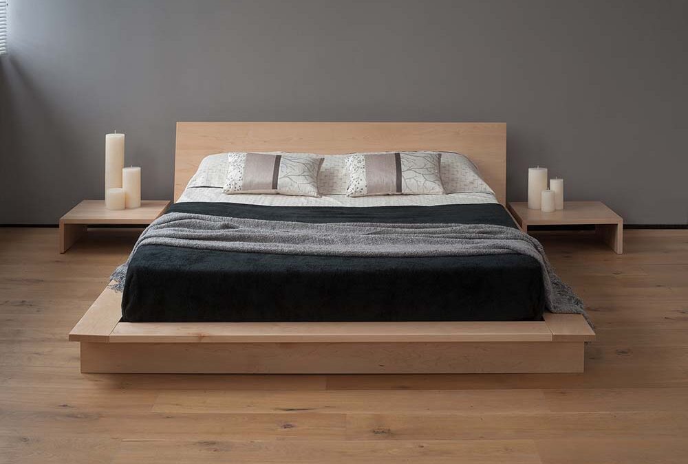 Loft style low platform bed - the Oregon wooden bed, here in maple with matching Oregon bedside tables