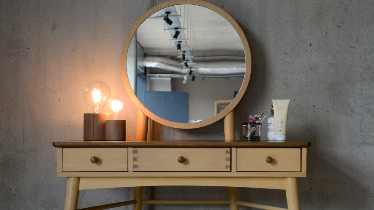 arts and Craft style Dressing table with 3 drawers in natural oak with a dark stained top