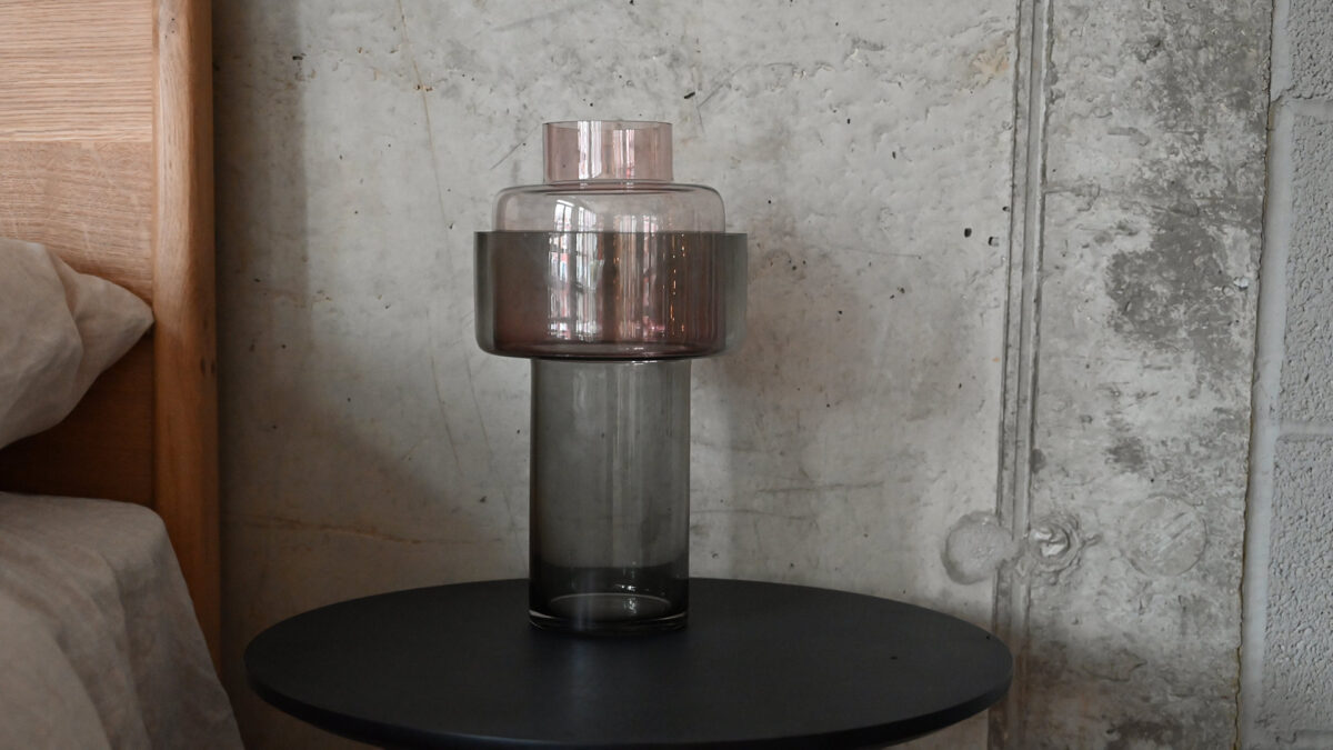 Two tone glass vase with removable top section.