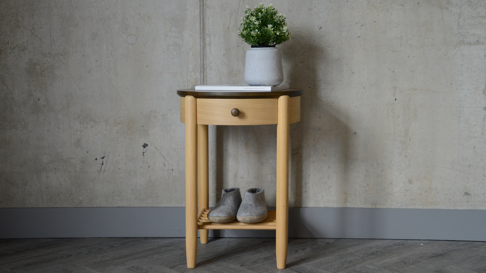 Two Tone Round Nightstand with plant & slippers