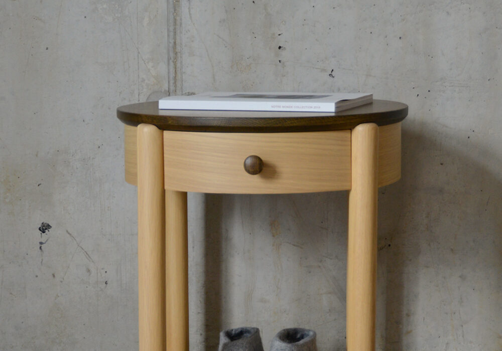 Two Tone Round Bedside with Book and Slippers PORTRAIT