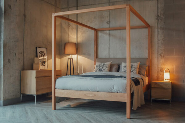 Neutral colours bedroom with Upholstered 4 poster bed in cherry wood - The Highland bed