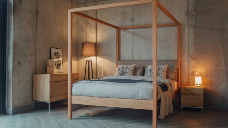 Neutral colours bedroom with Upholstered 4 poster bed in cherry wood - The Highland bed