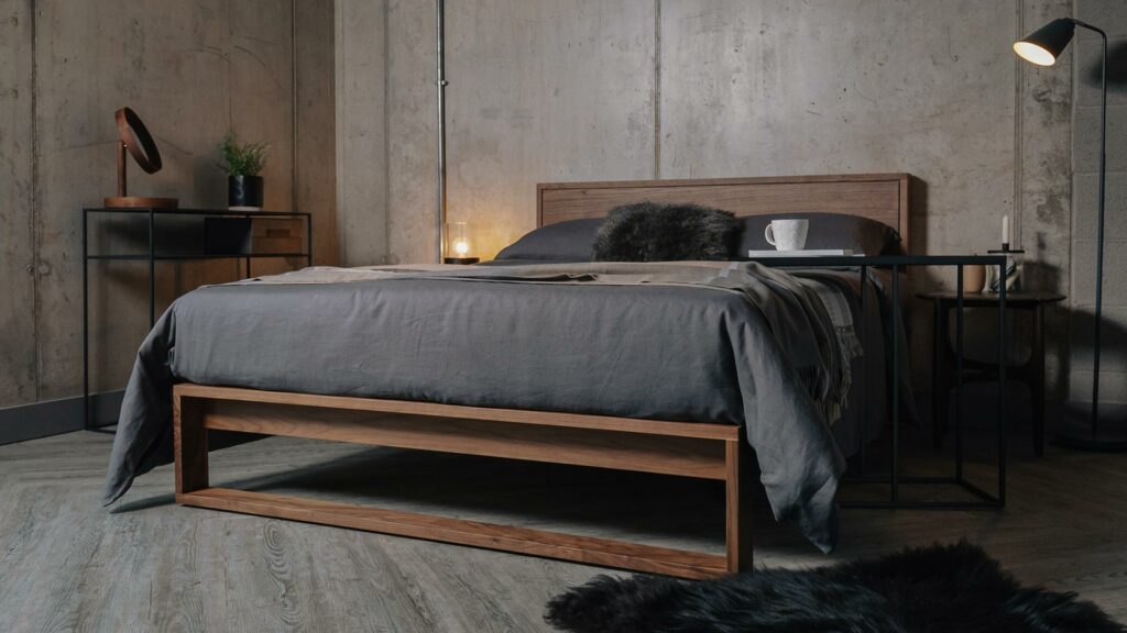 Scandinavian style bedroom - dark linen bedding on our solid walnut Leith bed