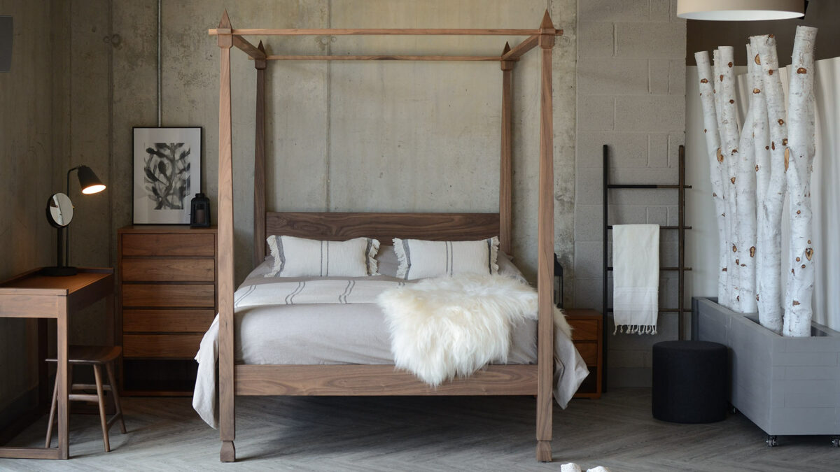 Walnut Raj 4-Poster Bed for Contemporary Indian style, handmade in Sheffield UK