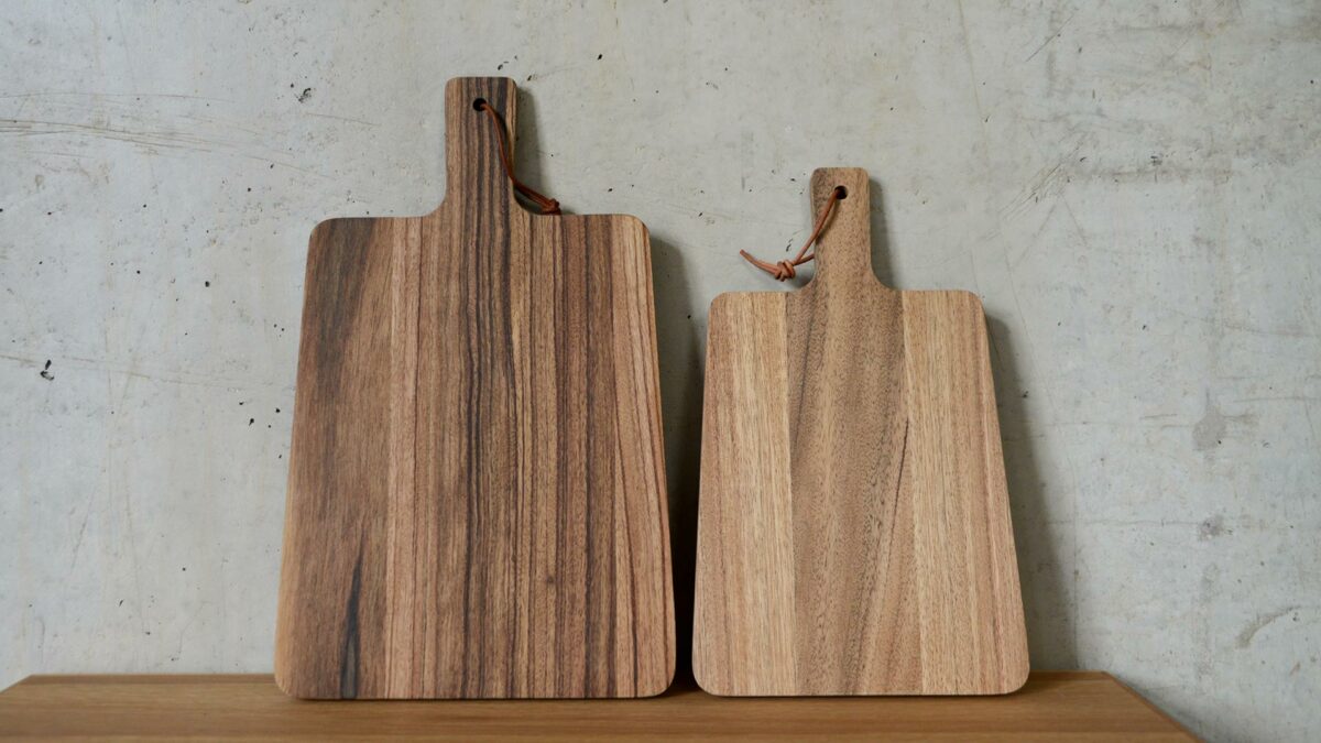 Walnut Chopping Boards on Wireworks Bench both sizes