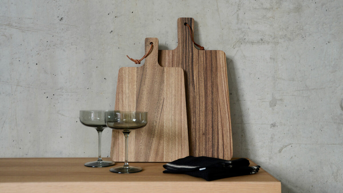 Walnut Chopping Boards on Wireworks Bench with Glasses