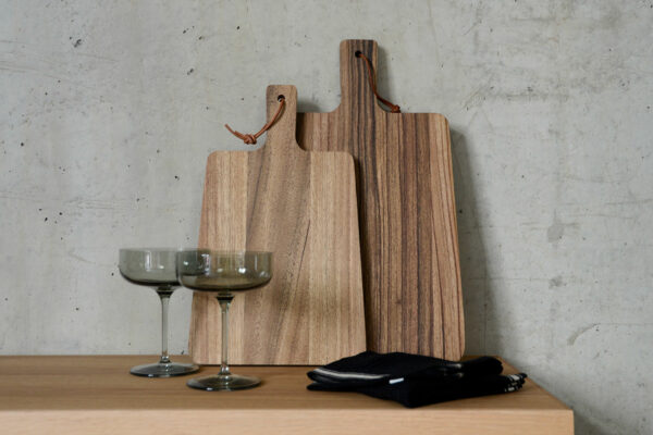 Walnut Chopping Boards on Wireworks Bench with Glasses