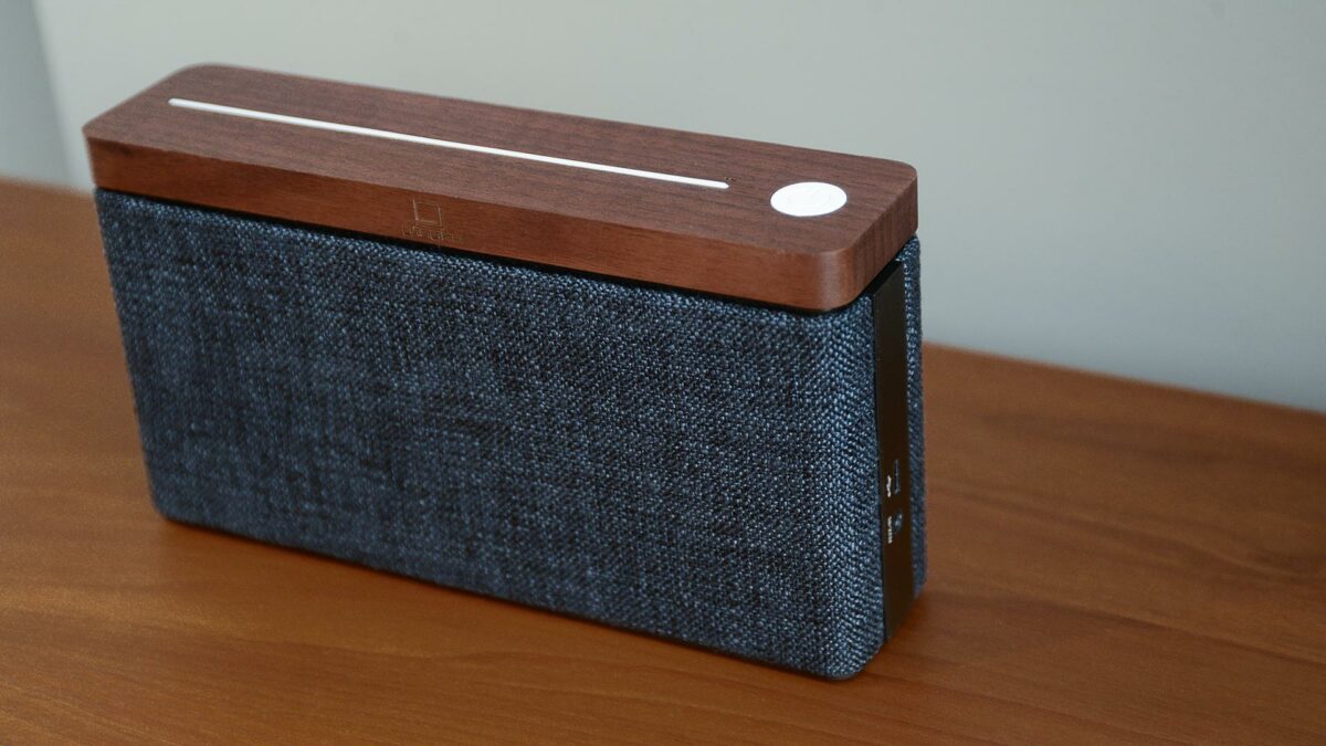 from above the bluetooth speaker in walnut and grey