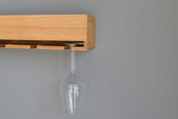 natural oak wall mounted wine glass holder and storage shelf